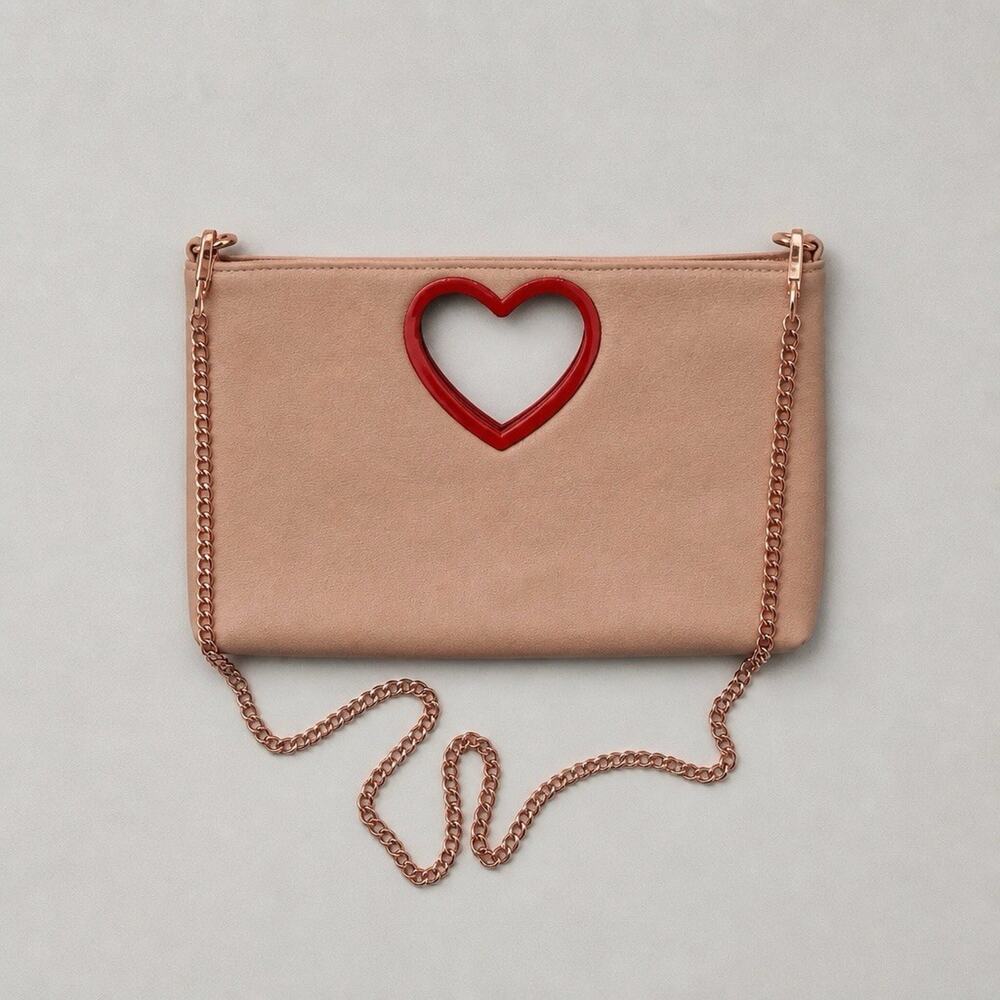 Pink with Red Heart Purse/Clutch with Rose Gold Chain Shoulder Strap 11"L x 8"H